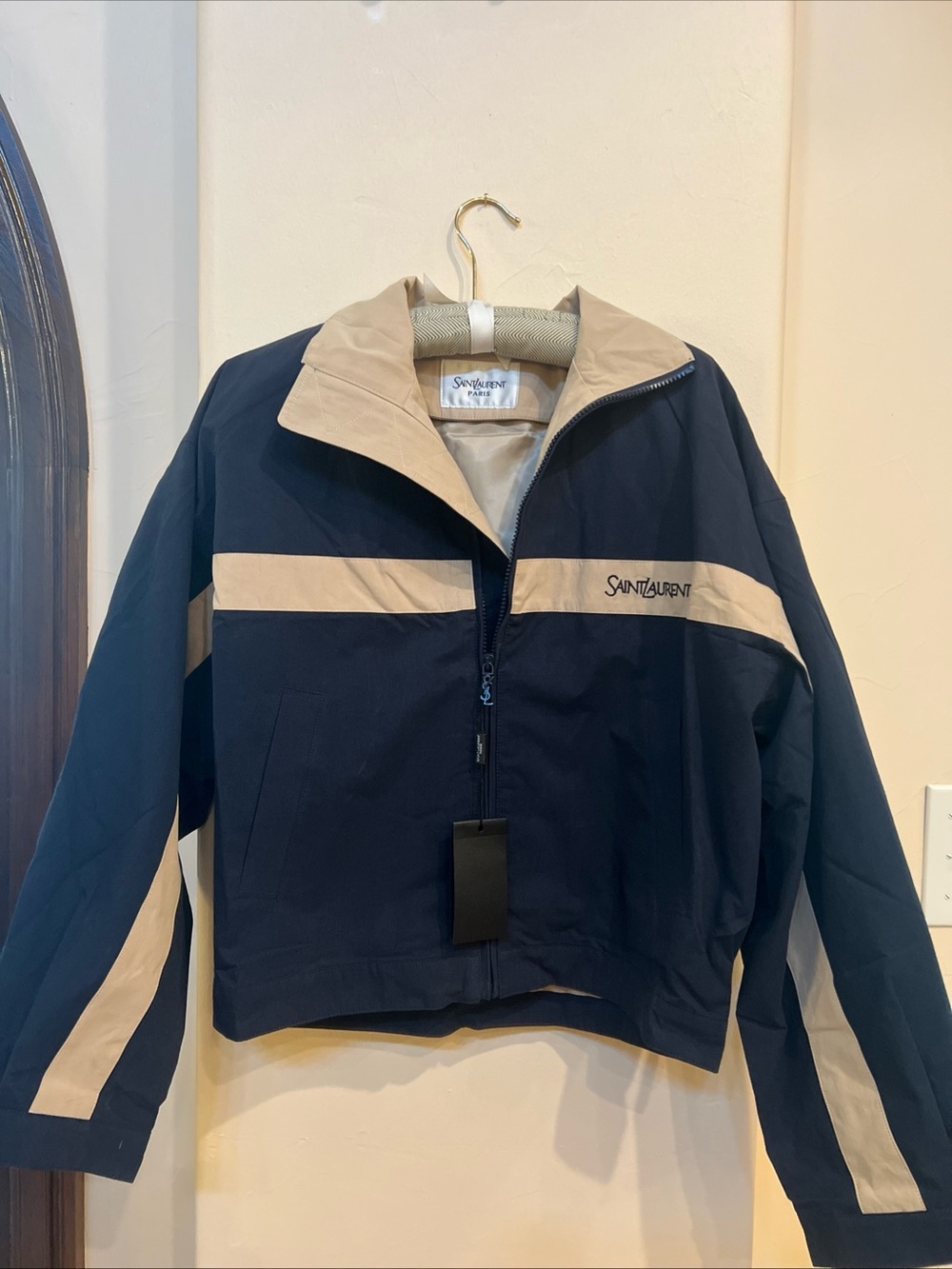 Saint Laurent Navy and Beige Colorblock Zip-Front Jacket windbreaker